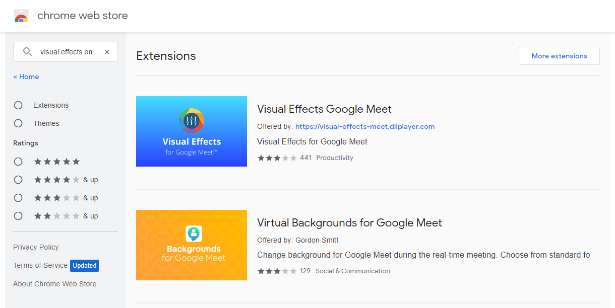 effets visuels pour google meet extensions chrome